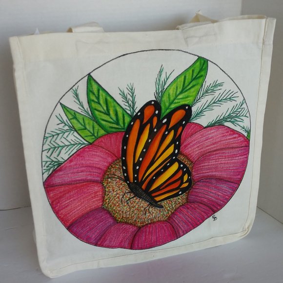 Handmade Reusable Tote Bag With Hand Painted Monarch Butterfly on a Pink Flower - Picture 3 of 16